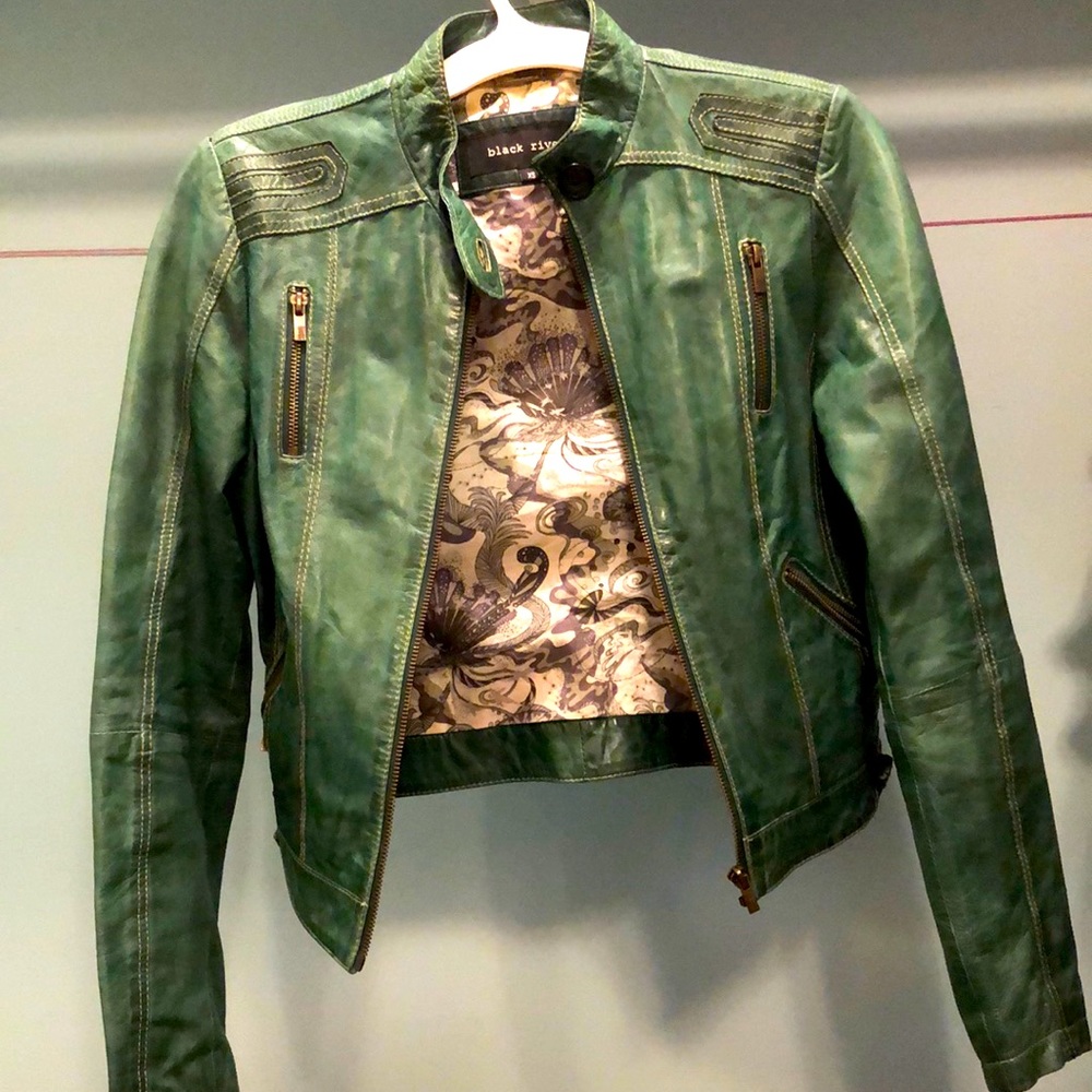 Dark green leather short jacket